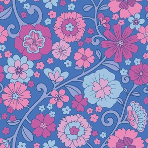 Retro Blue Magenta Playful 1970s Trailing Florals | 18 in. repeat