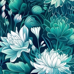Teal floral garden with white flowers. 