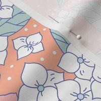 Hydrangea and butterflies on a salmon color background. Large