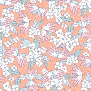 Hydrangea and butterflies on a salmon color background. Large