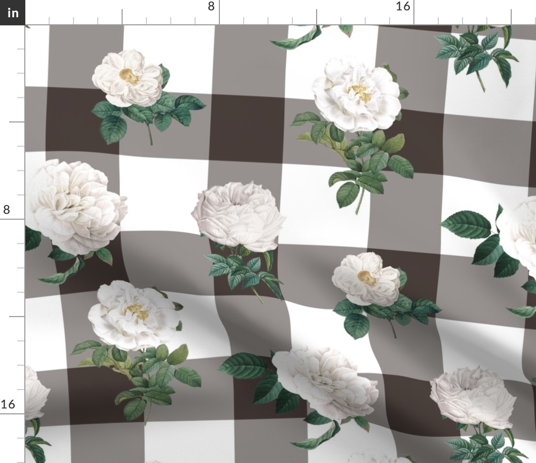 White Roses with Brown Buffalo Plaid Back