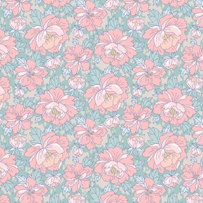Peonies in Japanese style on a rustic background. Spring water turquoise. Small