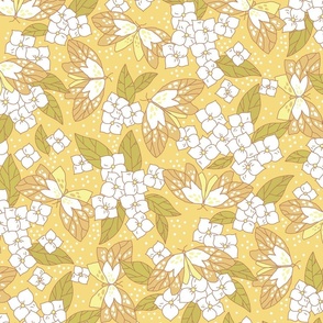 Hydrangea and butterflies on a yellow background. Large