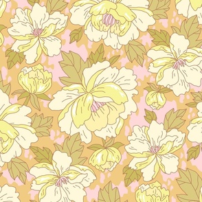 Peonies in Japanese style on a rustic background. Lemon yellow. Large