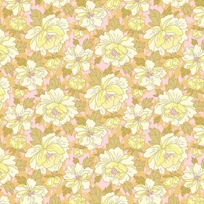 Peonies in Japanese style on a rustic background. Lemon yellow. Small