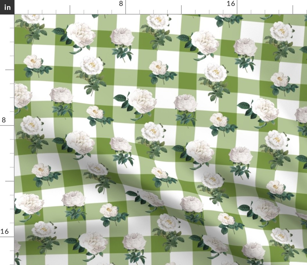 White Roses with Apple Green Buffalo Plaid