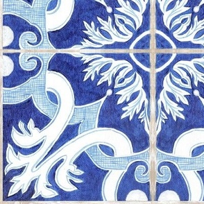 12" Moroccan Tile Watercolor Blue and White by Audrey Jeanne