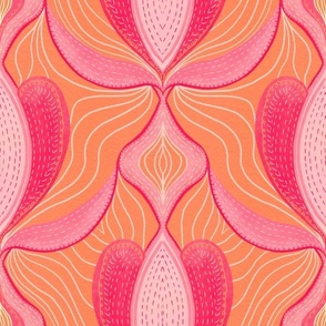 Art nouveau Flowing petals with Shashiko effect faux stitches and textures pink, salmon orange, cream and cerise 12” repeat