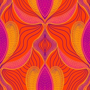 Art nouveau Flowing petals with Shashiko effect faux stitches and textures red, purple, pink and orange  12” repeat