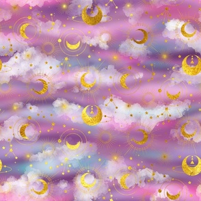 Moon gold constellation stars and clouds