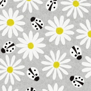 Daisies and Ladybugs on Grey Large