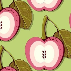 Pink apple on a green background, Large scale