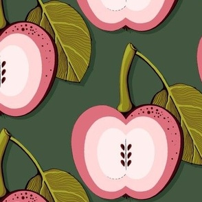 Pink apple on a dark green background, Large scale