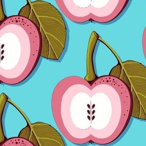 Pink apple on a bright light blue background, Large scale