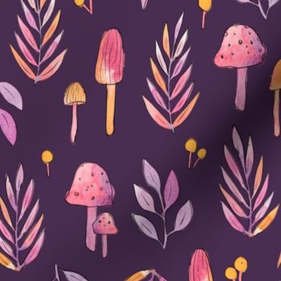 Watercolor Woodland: Whimsical Mushrooms & Ferns - Dark Purple
