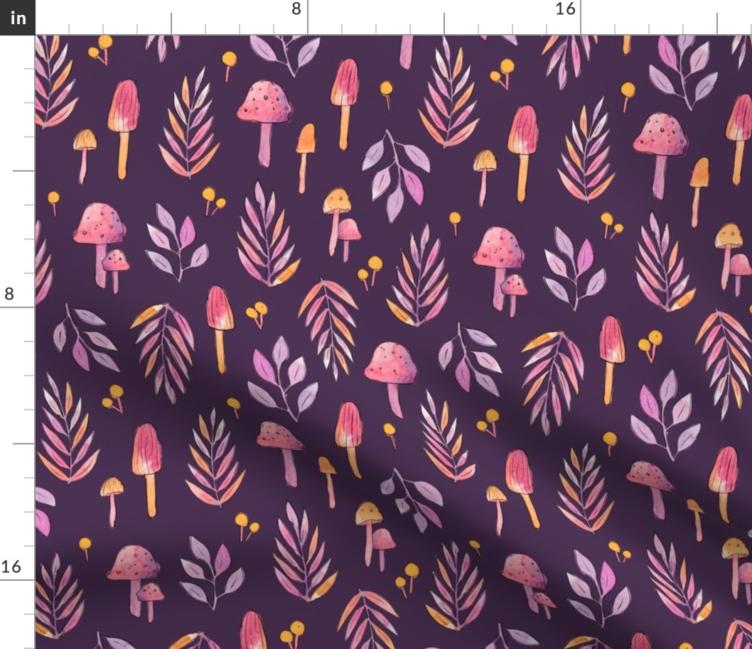 Watercolor Woodland: Whimsical Mushrooms & Ferns - Dark Purple