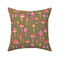 Watercolor Woodland: Whimsical Mushrooms  - Olive Green