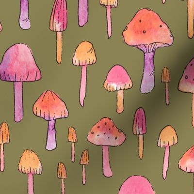 Watercolor Woodland: Whimsical Mushrooms  - Olive Green