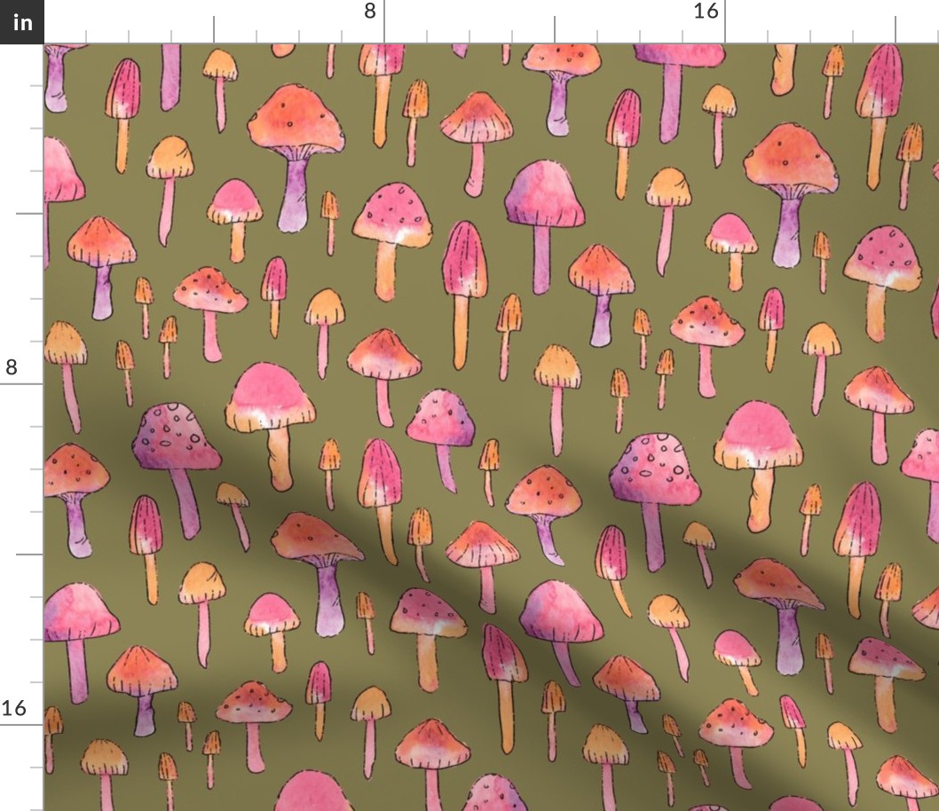 Watercolor Woodland: Whimsical Mushrooms  - Olive Green