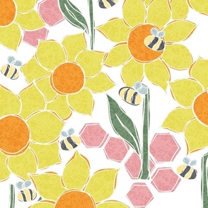 Spring Bees and Sunflowers Pink Honeycomb Large