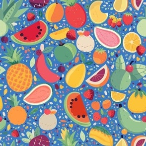 Tropical Colorful Hawaiian Fruit Salad Fabric with Bright Fruit Colored Pineapple and Citrus  on Blue