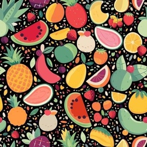 Tropical Colorful Hawaiian Fruit Salad Fabric with Bright Fruit Colored Pineapple and Citrus on Black