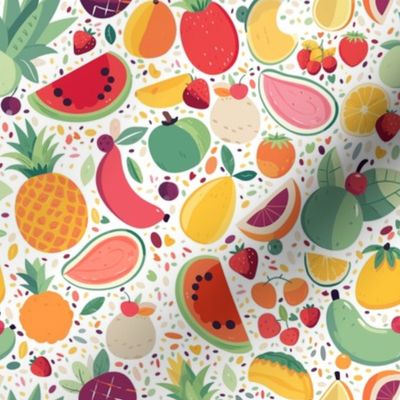 Tropical Colorful Hawaiian Fruit Salad Fabric with Bright Fruit Colored Pineapple and Citrus on White