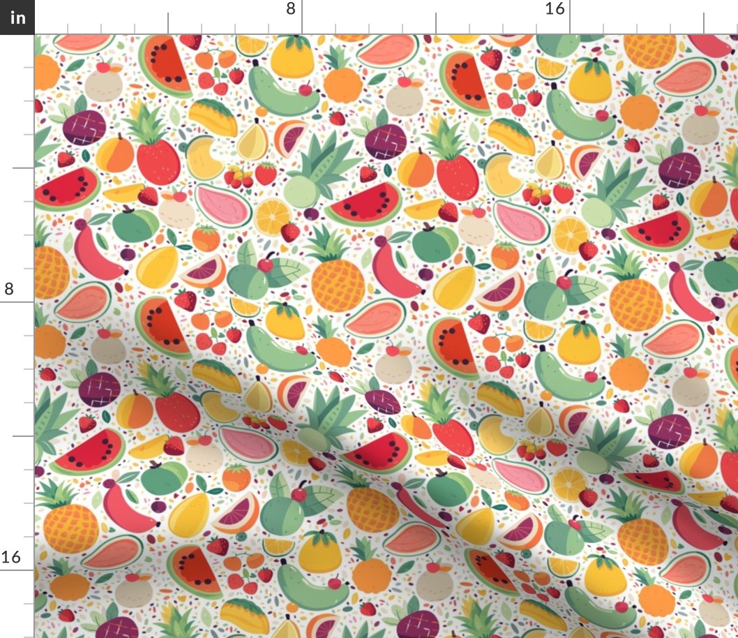 Tropical Colorful Hawaiian Fruit Salad Fabric with Bright Fruit Colored Pineapple and Citrus on White