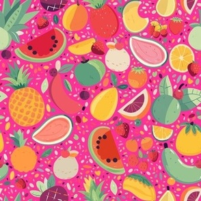 Tropical Colorful Hawaiian Fruit Salad Fabric with Bright Fruit Colored Pineapple and Citrus on Bright Pink