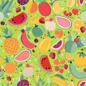 Tropical Colorful Hawaiian Fruit Salad Fabric with Bright Fruit Colored Pineapple and Citrus on Lime Green