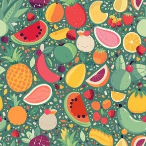 Tropical Colorful Hawaiian Fruit Salad Fabric with Bright Fruit Colored Pineapple and Citrus on Green