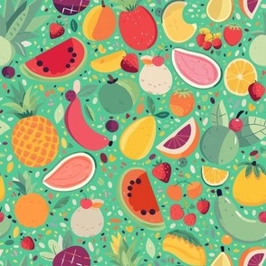 Tropical Colorful Hawaiian Fruit Salad Fabric with Bright Fruit Colored Pineapple and Citrus  on Aqua Blue