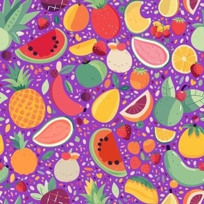 Tropical Colorful Hawaiian Fruit Salad Fabric with Bright Fruit Colored Pineapple and Citrus  on Purple