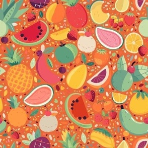 Tropical Colorful Hawaiian Fruit Salad Fabric with Bright Fruit Colored Pineapple and Citrus  on Orange