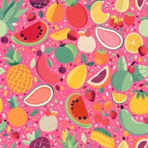 Tropical Colorful Hawaiian Fruit Salad Fabric with Bright Fruit Colored Pineapple and Citrus on PInk