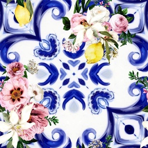 Blue tiles,Sicilian,majolica, mosaic art ,lemon,flowers