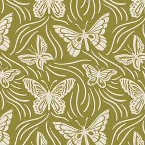 Butterfly Flutter in retro chartreuse olive green - 12x12