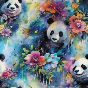 Watercolor Panda Pandas with Pink Flowers and a Blue Background