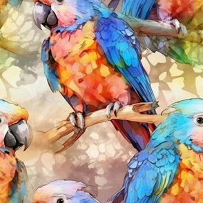 Watercolor Parrot Parrots and Flowers in Orange and Blue Colors