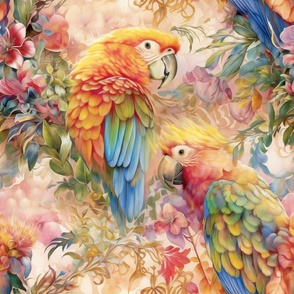 Watercolor Parrot Parrots and Flowers in Pastel Tropical Colors