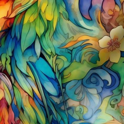 Watercolor Parrot Parrots and Flowers in Vibrant Tropical Colors