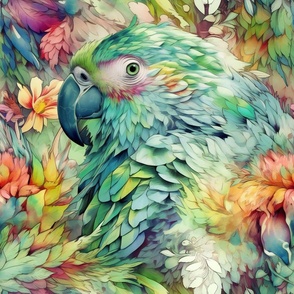 Watercolor Parrot Parrots and Flowers in Green Pastel Colors with Close Up View