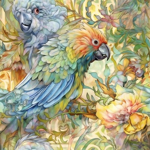 Watercolor Parrot Parrots and Flowers in Light Pastel and Gray Colors