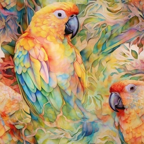 Watercolor Parrot Parrots and Flowers in Bright Sunny Colors