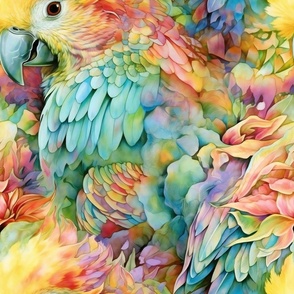 Watercolor Parrot Parrots and Flowers in Light Pastel Colors with Close Up View