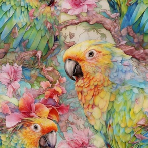 Watercolor Parrot Parrots and Flowers in Light Pastel Colors