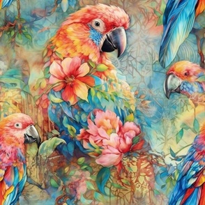 Watercolor Tropical Parrots and Flowers in Vibrant Pink and Blue Colors
