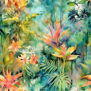 Watercolor Plants and Flowers in Bright Exotic Colors