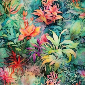Watercolor Plants and Flowers in Soft Exotic Colors