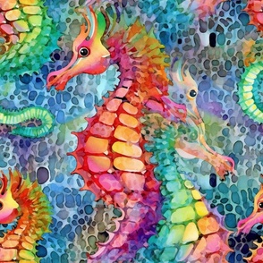 Watercolor Seahorse Seahorses in Bright Neon Psychedelic Colors